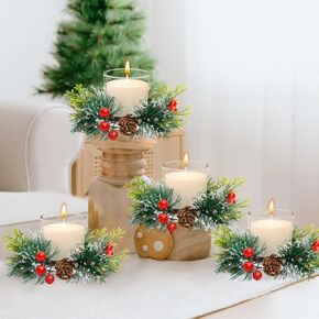 Set of 4 Christmas Candle Wreaths Rings Carved Stars Votive Candle Holder Small Christmas Wreath and Candles Set for Xmas Table Centerpieces Thanksgiving Living Room Decor
