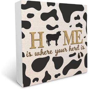 Home is Where Your Herd is Cow Print Wood Box Sign Rustic Farmhouse Style Wood Block Plaque Decor for Country Home Kitchen Barn House Wall Desk Shelf Decoration,Housewarming Gifts,Farm House Gifts