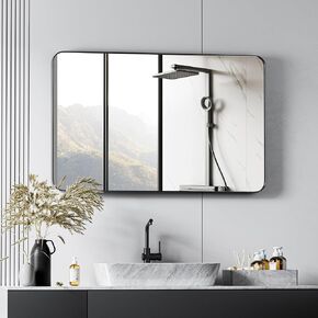 Bathroom Mirrors, Black Metal Framed Bathroom Mirror for Over Sink Wall, 30" x 40" Rounded Rectangle Mirror, Anti-Rust Modern Decorative for Restroom, Farmhouse, Horizontally or Vertically Hanging