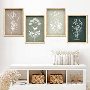 Framed Botanical Floral Wall Art Set of 4,Boho Plant Flower Posters Pictures,Living Room Bedroom Prints Decor,Vintage Minimalist Wooded Wall Hang 16x11 Inch
