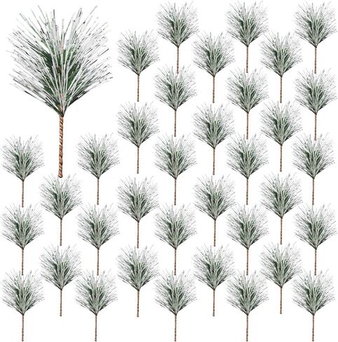 Artificial Green Pine Needles Branches, 50 PCS Small Pine Twigs Stems Picks, Fake Greenery Pine Picks for Christmas Garland, Wreath, Home Holiday Decoration (50, Green White) in Saudi Arabia