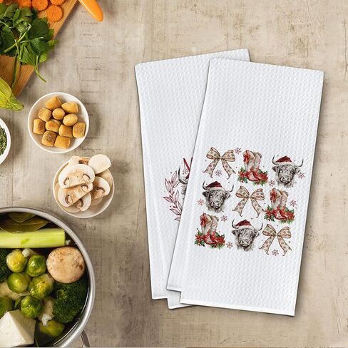 Highland Cow Christmas Kitchen Towels,Christmas Bows Hand Towels,Highland Cow Christma Dish Towels,Highland Cow Gifts for Women,Western Christmas Tea Towels,16 X 24 Set of 2 in Saudi Arabia