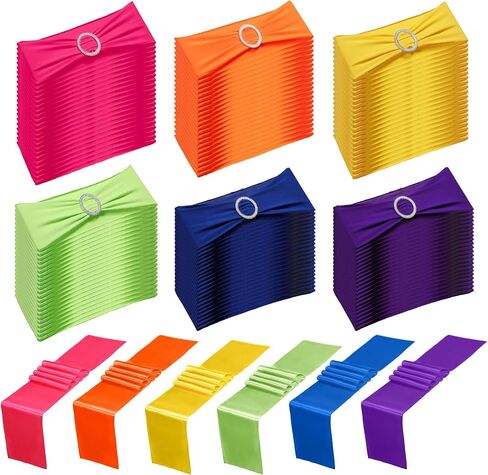 Newwiee 108 Pcs Assorted Color Spandex Chair Sashes and Satin Table Runners Mexican Stretch Chair Sashes Bands with Buckle for Wedding Fiesta Party Banquet Mardi Gras Decorations (Multicolor) in Saudi Arabia