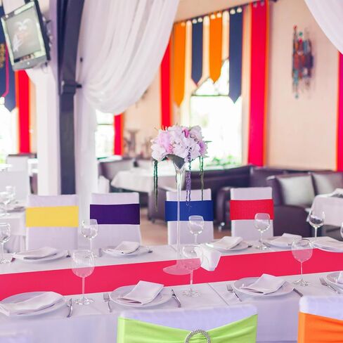 Newwiee 108 Pcs Assorted Color Spandex Chair Sashes and Satin Table Runners Mexican Stretch Chair Sashes Bands with Buckle for Wedding Fiesta Party Banquet Mardi Gras Decorations (Multicolor) in Saudi Arabia