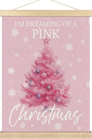 BCUANGD Christmas Pink Wall Art - Pink Christmas Tree Winter Wall Decor Poster Hanger with Wood Frames, Holiday Xmas Snow Snowflakes Wall Hanging Canvas Decor for Home Girls Room, 12x16 Inches in Saudi Arabia