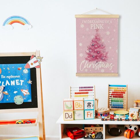 BCUANGD Christmas Pink Wall Art - Pink Christmas Tree Winter Wall Decor Poster Hanger with Wood Frames, Holiday Xmas Snow Snowflakes Wall Hanging Canvas Decor for Home Girls Room, 12x16 Inches in Saudi Arabia