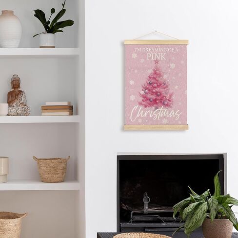 BCUANGD Christmas Pink Wall Art - Pink Christmas Tree Winter Wall Decor Poster Hanger with Wood Frames, Holiday Xmas Snow Snowflakes Wall Hanging Canvas Decor for Home Girls Room, 12x16 Inches in Saudi Arabia