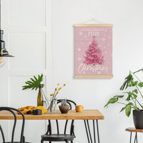 BCUANGD Christmas Pink Wall Art - Pink Christmas Tree Winter Wall Decor Poster Hanger with Wood Frames, Holiday Xmas Snow Snowflakes Wall Hanging Canvas Decor for Home Girls Room, 12x16 Inches in Saudi Arabia