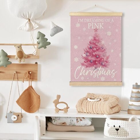 BCUANGD Christmas Pink Wall Art - Pink Christmas Tree Winter Wall Decor Poster Hanger with Wood Frames, Holiday Xmas Snow Snowflakes Wall Hanging Canvas Decor for Home Girls Room, 12x16 Inches in Saudi Arabia