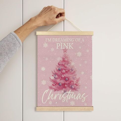 BCUANGD Christmas Pink Wall Art - Pink Christmas Tree Winter Wall Decor Poster Hanger with Wood Frames, Holiday Xmas Snow Snowflakes Wall Hanging Canvas Decor for Home Girls Room, 12x16 Inches in Saudi Arabia
