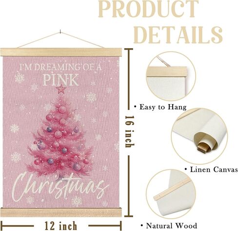 BCUANGD Christmas Pink Wall Art - Pink Christmas Tree Winter Wall Decor Poster Hanger with Wood Frames, Holiday Xmas Snow Snowflakes Wall Hanging Canvas Decor for Home Girls Room, 12x16 Inches in Saudi Arabia