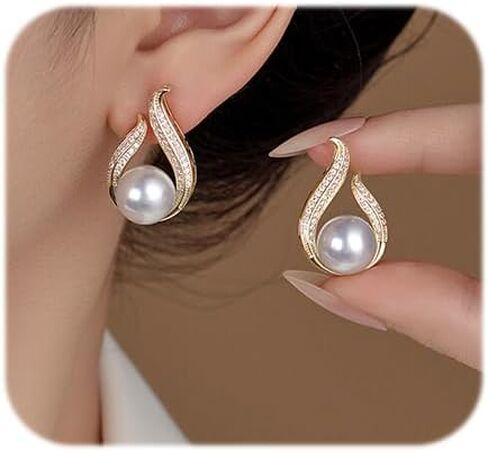 Pearl Earrings for Women Stud Statement Pearl Earring Jewelry for Girls, Silver Plated Prom Jewelry Cubic Zirconia Pearl Earrings for Gifts in Saudi Arabia