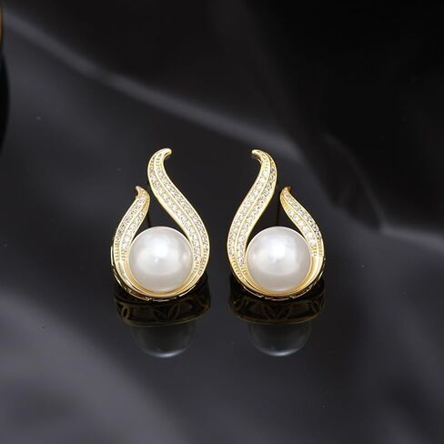 Pearl Earrings for Women Stud Statement Pearl Earring Jewelry for Girls, Silver Plated Prom Jewelry Cubic Zirconia Pearl Earrings for Gifts in Saudi Arabia