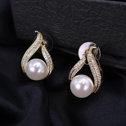 Pearl Earrings for Women Stud Statement Pearl Earring Jewelry for Girls, Silver Plated Prom Jewelry Cubic Zirconia Pearl Earrings for Gifts in Saudi Arabia