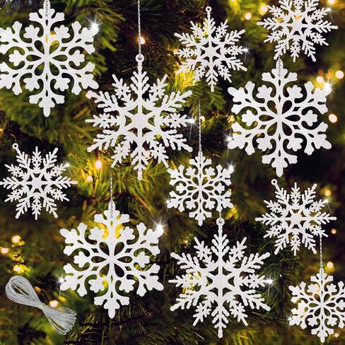 36Pcs Blue Glitter Snowflake Decorations Christmas Ornaments, Hanging Plastic Snow Flakes Ornaments with Silver Rope for Christmas Tree Decorations, Winter Wonderland Party Supplies in Kuwait
