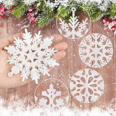36Pcs Blue Glitter Snowflake Decorations Christmas Ornaments, Hanging Plastic Snow Flakes Ornaments with Silver Rope for Christmas Tree Decorations, Winter Wonderland Party Supplies in Kuwait