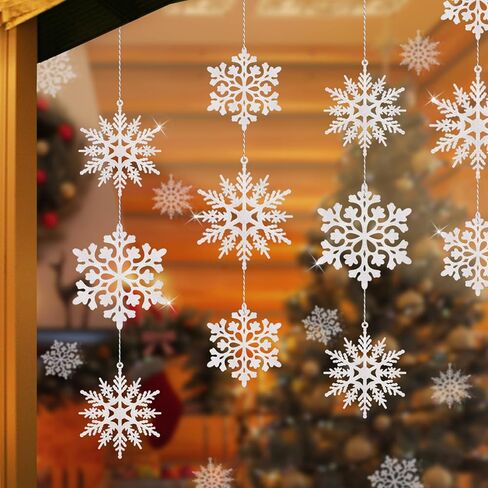 36Pcs Blue Glitter Snowflake Decorations Christmas Ornaments, Hanging Plastic Snow Flakes Ornaments with Silver Rope for Christmas Tree Decorations, Winter Wonderland Party Supplies in Kuwait