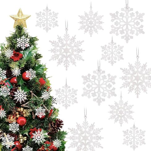 36Pcs Blue Glitter Snowflake Decorations Christmas Ornaments, Hanging Plastic Snow Flakes Ornaments with Silver Rope for Christmas Tree Decorations, Winter Wonderland Party Supplies in Kuwait