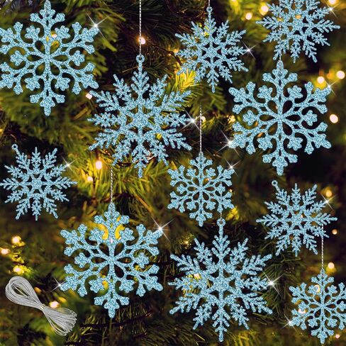 36Pcs Blue Glitter Snowflake Decorations Christmas Ornaments, Hanging Plastic Snow Flakes Ornaments with Silver Rope for Christmas Tree Decorations, Winter Wonderland Party Supplies in Kuwait
