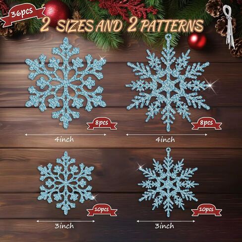 36Pcs Blue Glitter Snowflake Decorations Christmas Ornaments, Hanging Plastic Snow Flakes Ornaments with Silver Rope for Christmas Tree Decorations, Winter Wonderland Party Supplies in Kuwait