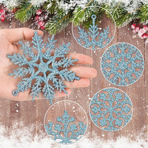 36Pcs Blue Glitter Snowflake Decorations Christmas Ornaments, Hanging Plastic Snow Flakes Ornaments with Silver Rope for Christmas Tree Decorations, Winter Wonderland Party Supplies in Kuwait