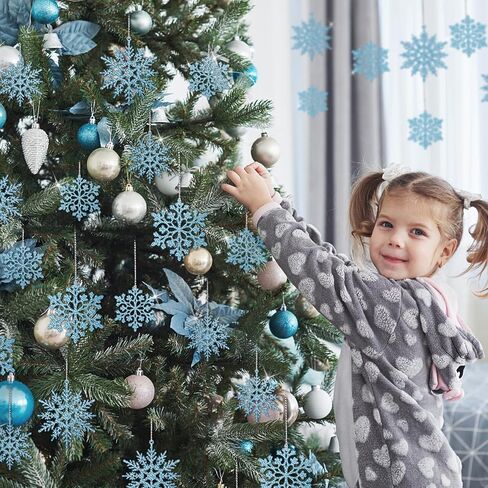 36Pcs Blue Glitter Snowflake Decorations Christmas Ornaments, Hanging Plastic Snow Flakes Ornaments with Silver Rope for Christmas Tree Decorations, Winter Wonderland Party Supplies in Kuwait