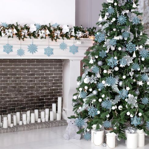 36Pcs Blue Glitter Snowflake Decorations Christmas Ornaments, Hanging Plastic Snow Flakes Ornaments with Silver Rope for Christmas Tree Decorations, Winter Wonderland Party Supplies in Kuwait