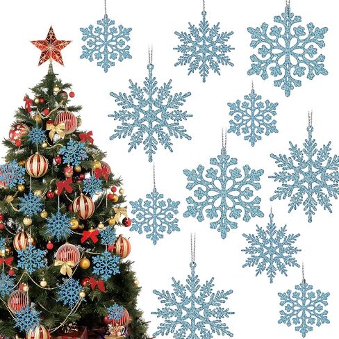 36Pcs Blue Glitter Snowflake Decorations Christmas Ornaments, Hanging Plastic Snow Flakes Ornaments with Silver Rope for Christmas Tree Decorations, Winter Wonderland Party Supplies in Kuwait