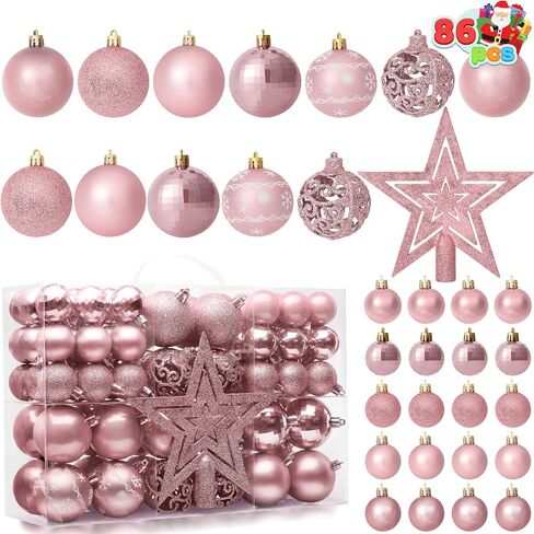 JOIEDOMI 86 Pcs Assorted Rose Gold Christmas Ball Ornaments Set, Multi-Sized Christmas Tree Ornaments, Xmas Shatterproof Hanging Decorations for Tree, Banister, Holiday Wreath Garland, Party Supplies in Saudi Arabia