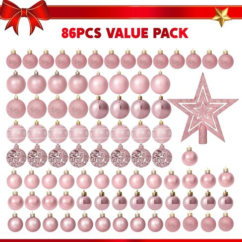JOIEDOMI 86 Pcs Assorted Rose Gold Christmas Ball Ornaments Set, Multi-Sized Christmas Tree Ornaments, Xmas Shatterproof Hanging Decorations for Tree, Banister, Holiday Wreath Garland, Party Supplies in Saudi Arabia