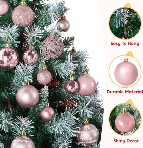 JOIEDOMI 86 Pcs Assorted Rose Gold Christmas Ball Ornaments Set, Multi-Sized Christmas Tree Ornaments, Xmas Shatterproof Hanging Decorations for Tree, Banister, Holiday Wreath Garland, Party Supplies in Saudi Arabia
