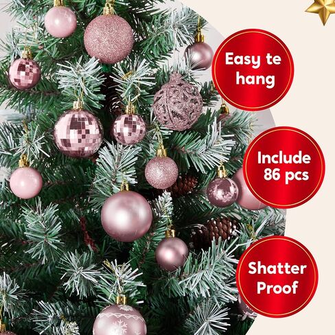 JOIEDOMI 86 Pcs Assorted Rose Gold Christmas Ball Ornaments Set, Multi-Sized Christmas Tree Ornaments, Xmas Shatterproof Hanging Decorations for Tree, Banister, Holiday Wreath Garland, Party Supplies in Saudi Arabia