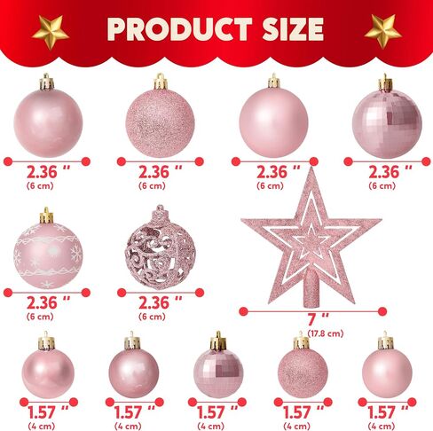 JOIEDOMI 86 Pcs Assorted Rose Gold Christmas Ball Ornaments Set, Multi-Sized Christmas Tree Ornaments, Xmas Shatterproof Hanging Decorations for Tree, Banister, Holiday Wreath Garland, Party Supplies in Saudi Arabia