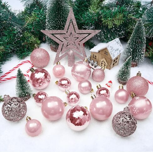 JOIEDOMI 86 Pcs Assorted Rose Gold Christmas Ball Ornaments Set, Multi-Sized Christmas Tree Ornaments, Xmas Shatterproof Hanging Decorations for Tree, Banister, Holiday Wreath Garland, Party Supplies in Saudi Arabia