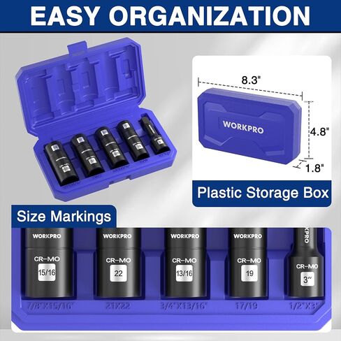 مجموعة مقابس صدمات WORKPRO مكونة من 5 قطع محرك 1/2 بوصة، مجموعة مقابس صواميل العروة، مجموعة مقابس العجلات من الفولاذ Cr-Mo، تتضمن قطعة واحدة شريط تمديد 3 بوصات و4 مقابس قلاب PSC من 6 أحجام مترية وSAE in Kuwait