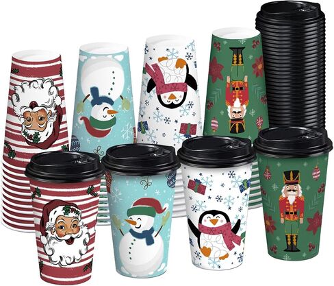 RUSPEPA Disposable Paper Coffee Cups with Lids 16 oz - 48 Pack Christmas Reindeer and Pinecone Design Printed Paper Drinking Cups, Thickened Paper Style for Hot/Cold Beverages, Home, Business and Cafe in Saudi Arabia