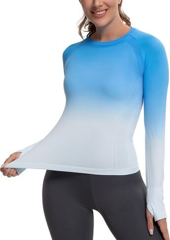MathCat Long Sleeve Workout Tops for Women, Gradient Running Athletic Shirts, Seamless Breathable Tops with Thumb Holes in Saudi Arabia