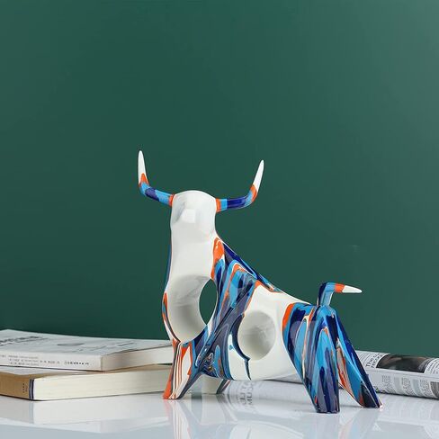 Resin Painted Bull Statue, Abstract Household Animal Decoration, Bull Sculpture Color Hollow Ornaments (Blue A) in Saudi Arabia