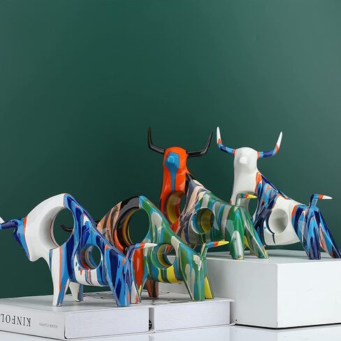 Resin Painted Bull Statue, Abstract Household Animal Decoration, Bull Sculpture Color Hollow Ornaments (Blue A) in Saudi Arabia