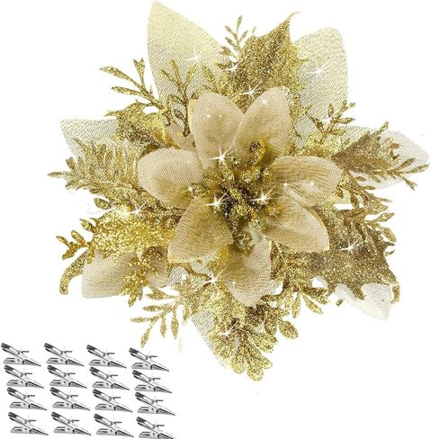 16 PCS Poinsettias Artificial Christmas Flowers, Christmas Tree Flowers Decoration, Christmas Decor Glitter Poinsettia, Red and Gold Christmas Tree Ornaments in Saudi Arabia