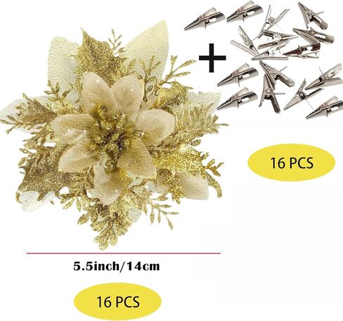 16 PCS Poinsettias Artificial Christmas Flowers, Christmas Tree Flowers Decoration, Christmas Decor Glitter Poinsettia, Red and Gold Christmas Tree Ornaments in Saudi Arabia