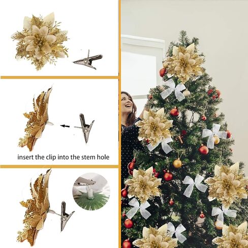 16 PCS Poinsettias Artificial Christmas Flowers, Christmas Tree Flowers Decoration, Christmas Decor Glitter Poinsettia, Red and Gold Christmas Tree Ornaments in Saudi Arabia