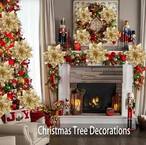 16 PCS Poinsettias Artificial Christmas Flowers, Christmas Tree Flowers Decoration, Christmas Decor Glitter Poinsettia, Red and Gold Christmas Tree Ornaments in Saudi Arabia
