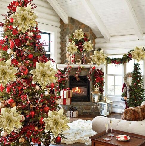 16 PCS Poinsettias Artificial Christmas Flowers, Christmas Tree Flowers Decoration, Christmas Decor Glitter Poinsettia, Red and Gold Christmas Tree Ornaments in Saudi Arabia