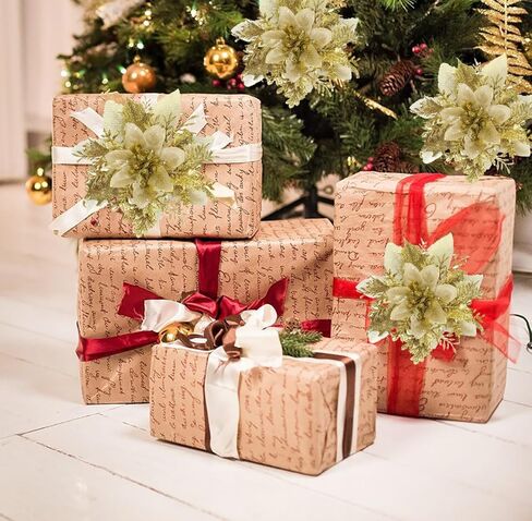 16 PCS Poinsettias Artificial Christmas Flowers, Christmas Tree Flowers Decoration, Christmas Decor Glitter Poinsettia, Red and Gold Christmas Tree Ornaments in Saudi Arabia