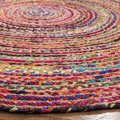 SAFAVIEH Cape Cod Collection Area Rug - 3' Round, Red & Multi, Handmade Braided Boho Jute & Cotton, Ideal for High Traffic Areas in Living Room, Bedroom (CAP702Q) in Saudi Arabia