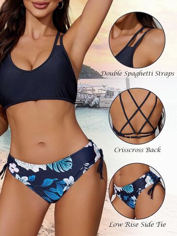 Bikini Set for Women Two Piece Swimsuit Double Spaghetti Straps Floral Printed Bathing Suit Crisscross Back Straps in Saudi Arabia