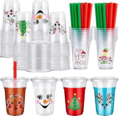 Zhehao 50 Set Christmas Plastic Cups Bulk Clear Disposable Christmas Cups with Lids and Straws Santa Snowman Xmas Tree Holiday Cup for Xmas Party Cold Beverages Juice Coffee Drinks Supplies(16 oz) in Saudi Arabia