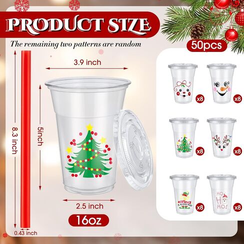 Zhehao 50 Set Christmas Plastic Cups Bulk Clear Disposable Christmas Cups with Lids and Straws Santa Snowman Xmas Tree Holiday Cup for Xmas Party Cold Beverages Juice Coffee Drinks Supplies(16 oz) in Saudi Arabia