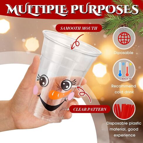 Zhehao 50 Set Christmas Plastic Cups Bulk Clear Disposable Christmas Cups with Lids and Straws Santa Snowman Xmas Tree Holiday Cup for Xmas Party Cold Beverages Juice Coffee Drinks Supplies(16 oz) in Saudi Arabia